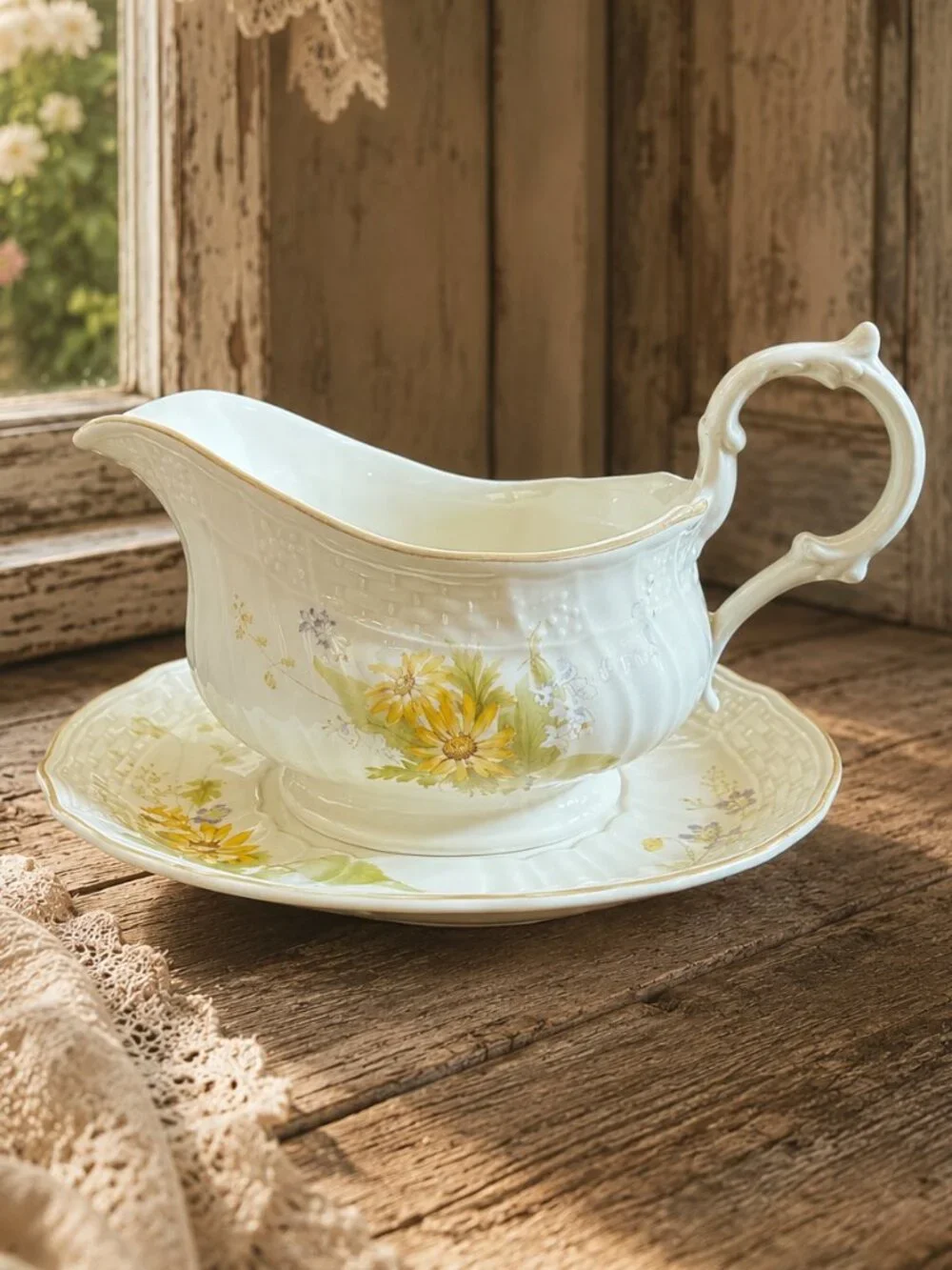 Vintage Mikasa Fine Ivory Gravy Boat and Underplate in the Spring Meadow Pattern